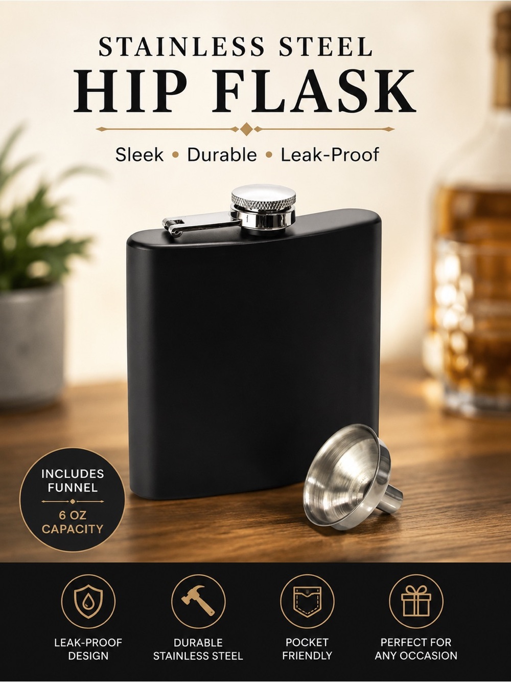 Matte Black Stainless Steel 6 oz Hip Flask | Stainless Steel Funnel | NWT